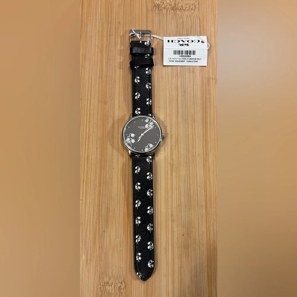 Coach Grand Floral Watch With 36mm Face & Black Leather Band